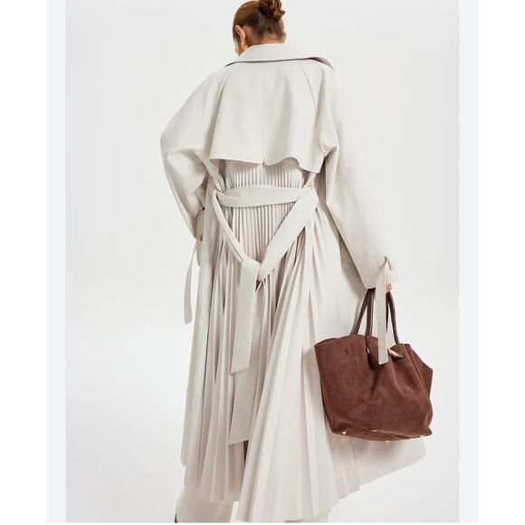 COMMENSE Pleated Double-Breasted Maxi Coat - Cream L - Picture 1 of 8